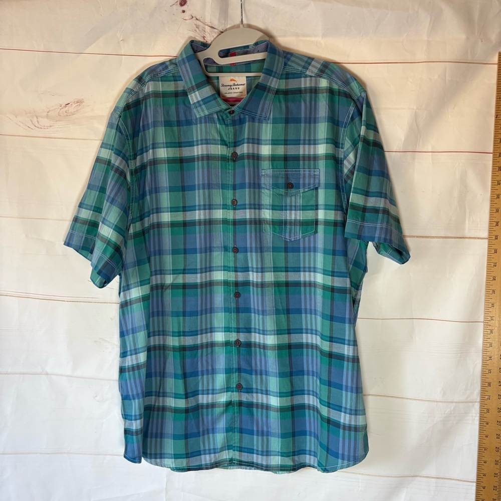 Tommy Bahama Teal Blue and Green Plaid Shirt